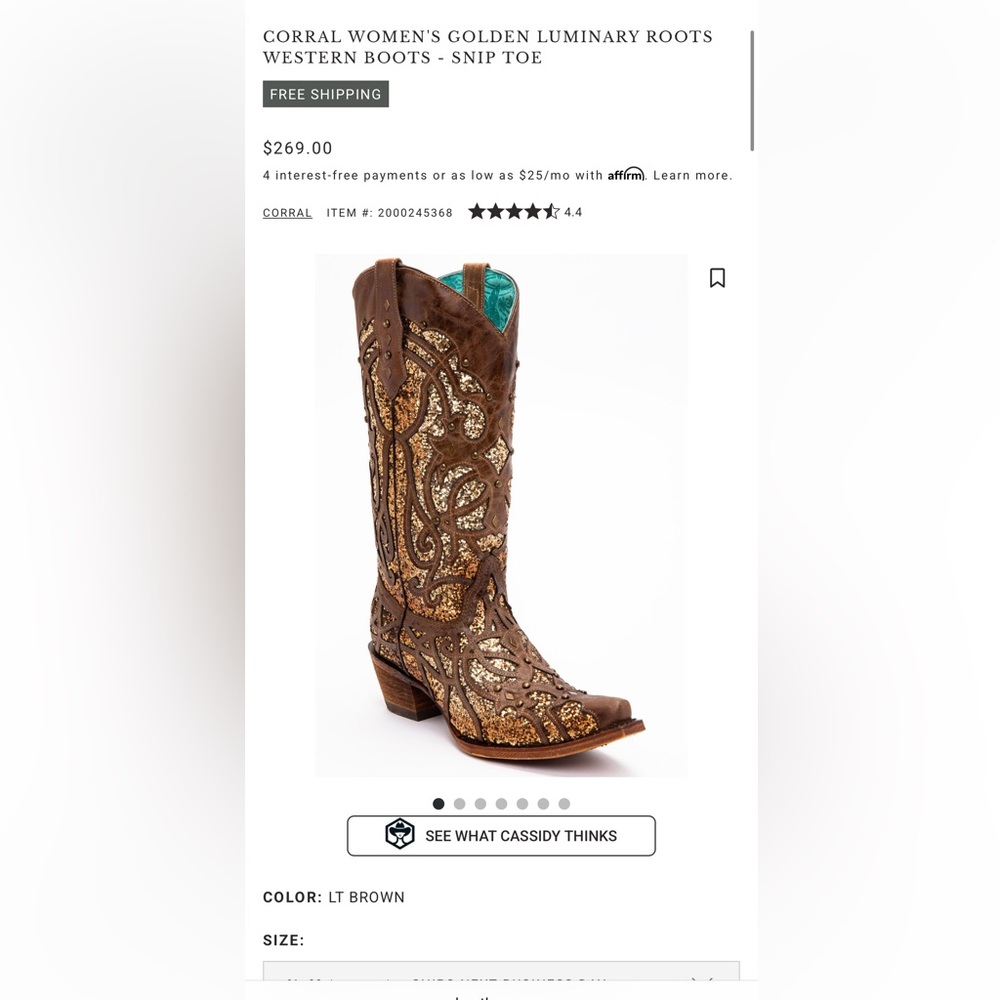 Corral Women's Gold and Brown Snip Toe Boots